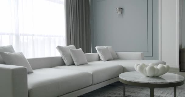 Modern Contemporary Minimalist Living Room White Gray Furniture Table Luxury — Stock Video