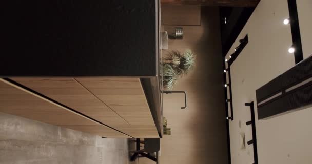 现代宽敞的木制厨房 房地产 现代铬水龙头 新家的简约设计 真正奢华的室内设计 新古典主义风格 舒适的内部 垂直录像 — 图库视频影像