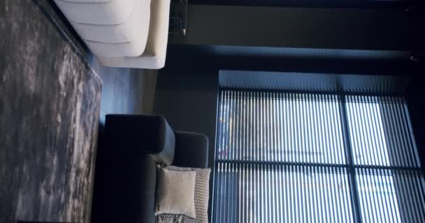 Сучасна Мінімалістична Вітальня Білими Чорними Меблями Розкішний Сучасний Інтер Будинку — стокове відео