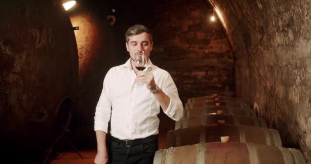 Nicely Dressed Sommelier Enjoys Bottle Hand Glass Red Wine Happy — Stock Video