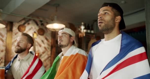 World Cup Soccer Fans Celebrating Victory Team Sports Bar Loyal — Vídeos de Stock