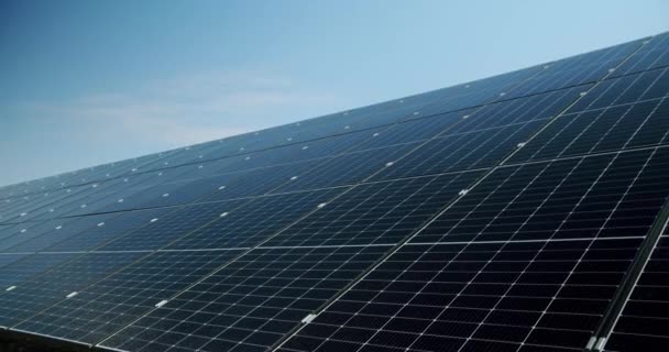 Handheld Shot Modern Photovoltaic Panels Illuminated Sunlight Daytime Solar Farm — Video