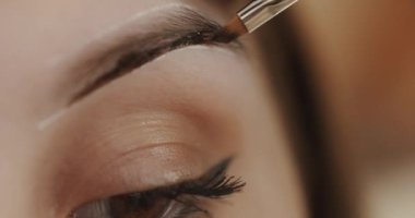 A professional cosmetologist makes make-up. Face of a young girl close-up. Dyeing eyebrows with henna apply applying. Master in black gloves makes permanent eyebrow makeup. Cosmetology procedure.