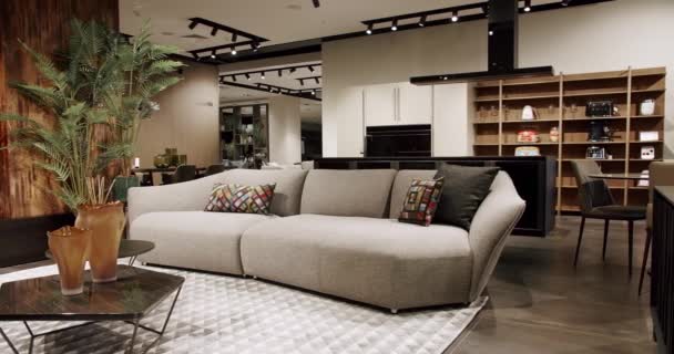 现代简约的客厅 有白色和米黄色的家具和白色厨房 时尚的家具 舒适的现代家具设计 奢华雅致的房间 房地产私人住宅 — 图库视频影像