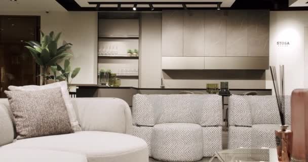 Modern Contemporary Minimalist Living Room White Beige Furniture White Kitchen — Vídeos de Stock