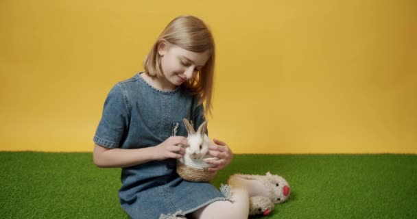 Mavi Elbiseli Genç Kız Izole Edilmiş Sarı Arka Planda Elinde — Stok video