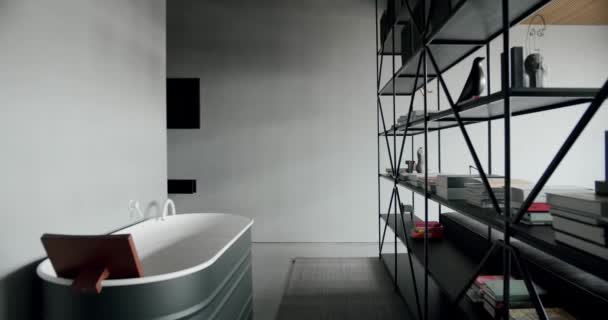 豪华浴室室内有黑色 灰色和白色三种颜色 镜子头和淋浴头 浴缸现代设计 奢华舒适的灰色公寓 现代浴室 设计简洁 豪华浴室室内 — 图库视频影像