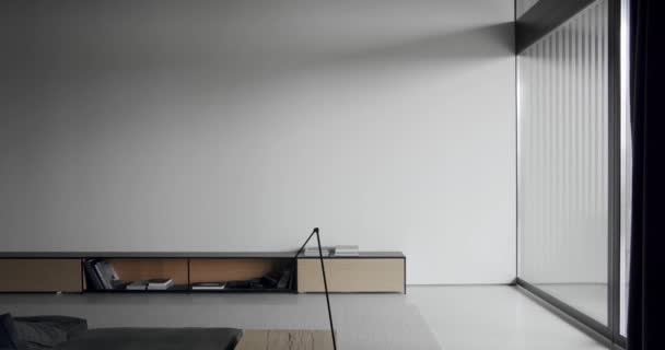 Modern Contemporary White Minimalist Living Room Wooden Bookshelf Large Sliding — Stockvideo