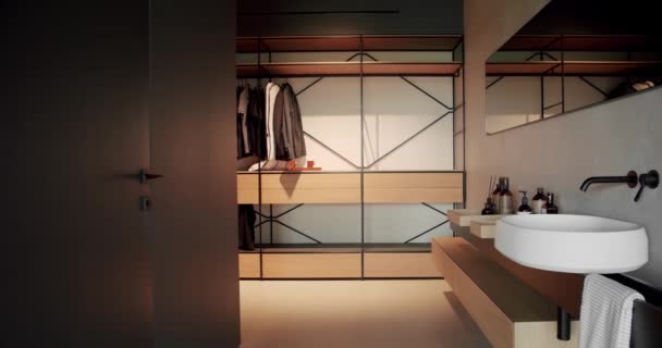 Minimalist Bathroom Interior Wood Brown Colors Bathroom Accessories Mirror Shower — Vídeo de stock