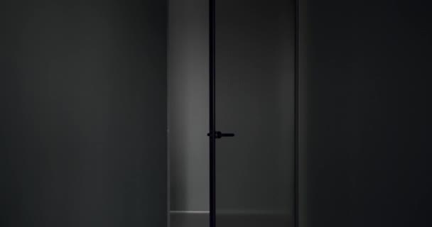 Man Opens Transparent Door Modern House Modern Interior Design Gray — Wideo stockowe