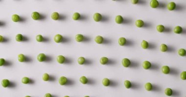 Fresh green peas placed side by side rotate on a white platform. Raw green peas in motion on isolated white background rotating with same motion.