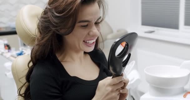 Woman Admiring Her Teeth Having Dental Procedure Done Dental Health — Stockvideo