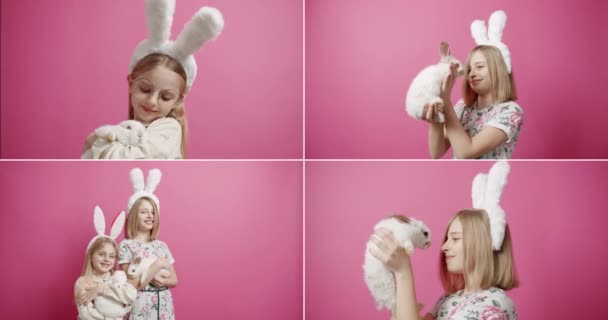 Collage Many Footage Happy Easter Concept Little Playful Girl Bunny — Stok video