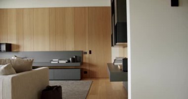 Minimalist living room with wooden wall and gray furniture. Modern House Interior with gray Bookshelf. Minimalist Home Interior with modern shelves and book.Luxury Elegant Room with wooden modern door