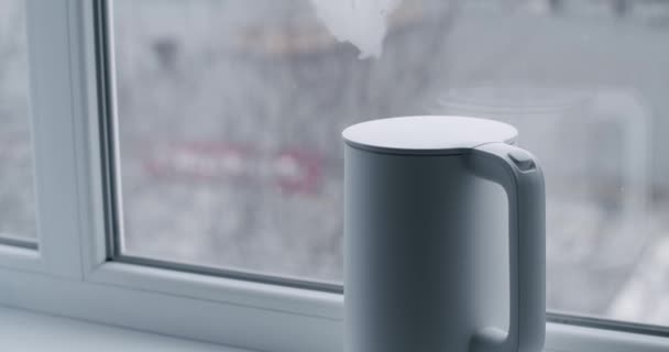 Kettle Creates Steam Boiled Water Button Turning Electric Kettle Boiling — Stockvideo