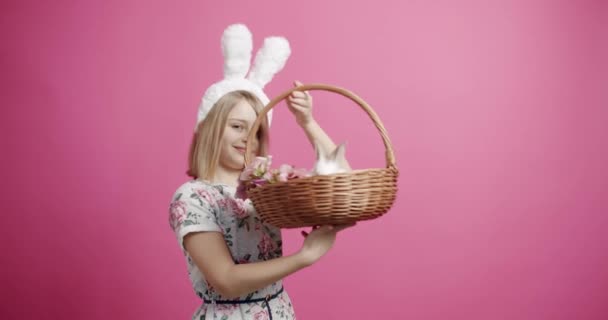 Teenage Girl Blue Dress Holds Basket Rabbit Her Hand Isolated — Stok video
