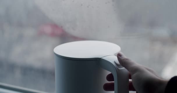 Kettle Creates Steam Boiled Water Mans Hand Opens Lid Closes — Vídeos de Stock