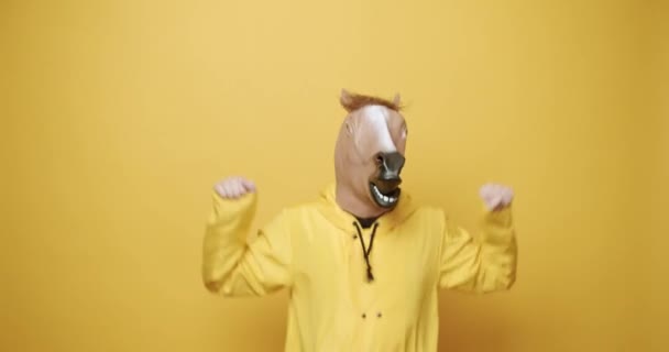 Excited Man Horse Mask Jumping Static Shot Happy Male Hoodie — Vídeo de Stock