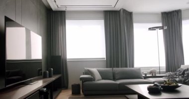 Contemporary interior design of the living room. Stylish interior. Modern interior living room. Fashionable furniture store. Minimalist Home Interior. Cozy Modern Furniture Design. Large TV