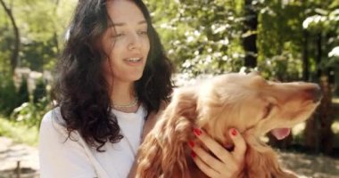 Happy woman have fun with cocker spaniel female dog playing, Woman playing with her dog. hugs, kiss and pose nicely. Human animal friendship. English cocker spaniel rests outdoors. young pretty animal