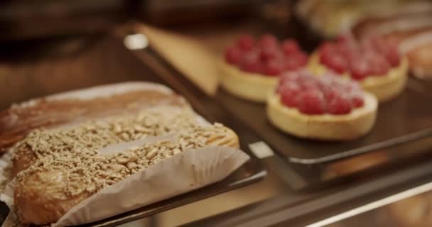 Sweet Desserts Restaurant Fresh Pastries Cakes Buffet Assortment Desserts Display — Stock Video