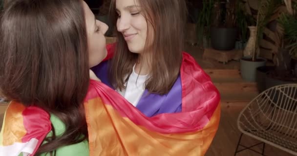 Lgbt Women Couple Rest Home Embrace Holding Each Other Pride — стоковое видео