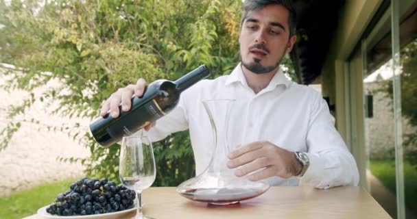 Sommelier Versa Vino Rosso Una Bottiglia Decanter Rallentatore Concetto Vinificazione — Video Stock