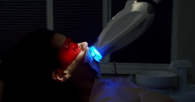 Teeth whitening procedure with ultraviolet light UV lamp in a modern clinic. Dental Clinic Teeth Whitening.Female patient in protective glasses at dentist chair.Teeth whitening at the dentists office