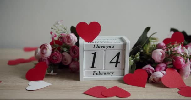Calendar Date February Inscription Love You Pink Rose Flowers Many — Wideo stockowe