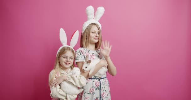 Collage Many Footage Happy Easter Concept Little Playful Girl Bunny — Vídeos de Stock