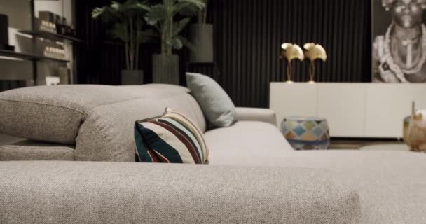 现代简约的客厅 有米色家具 奢华的现代住宅与角落索法 椅子和书架 时尚的家具 简约家庭内部 房地产 — 图库视频影像