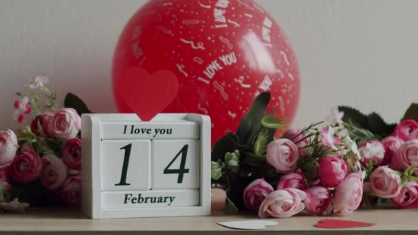 Calendar Date February Inscription Love You Pink Rose Flowers Many — Αρχείο Βίντεο