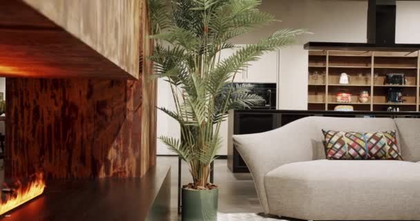 现代简约的客厅 有白色和米黄色的家具和白色厨房 舒适的现代家具设计 奢华雅致的房间 房地产私人住宅 — 图库视频影像