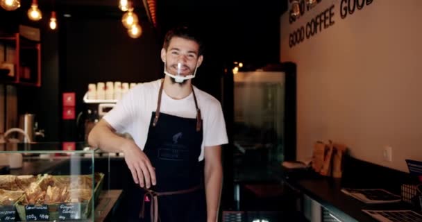 Positive Young Male White Shirt Apron Reusable Face Mask Smiling — Vídeos de Stock