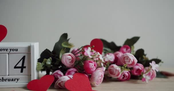 Calendar Date February Inscription Love You Pink Rose Flowers Many — стоковое видео