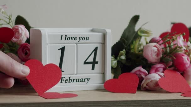 Calendar Date February Inscription Love You Pink Rose Flowers Many — 图库视频影像