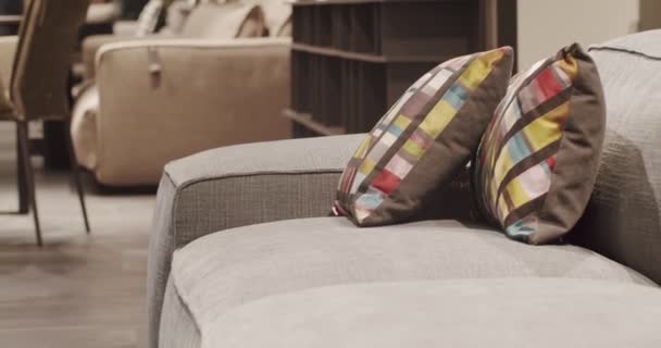 Textile Upholstery Sofa Pillows Modern Loft Apartment Beautiful White Sofa — Stockvideo
