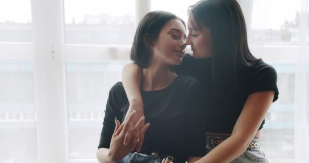 Paar Lgbt Und Lesbische Frauen Hause Romanze Und Porträt Eines — Stockvideo