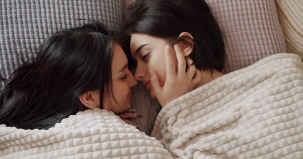 Couple Women Hug Each Other Warmly Relax Home Bedroom Lifestyle — Stockvideo