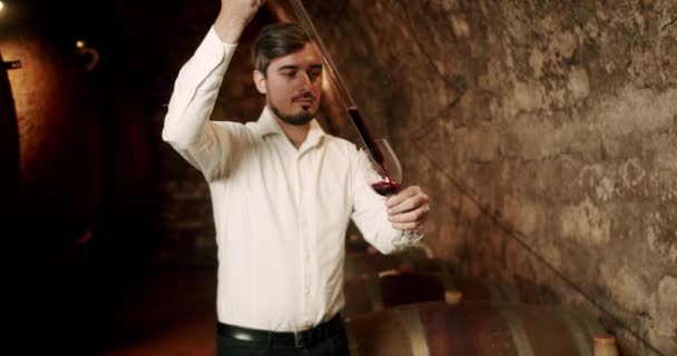 Man Testing Wine Factory Warehouse Winemaking Concept Nicely Dressed Sommelier — Stock Video