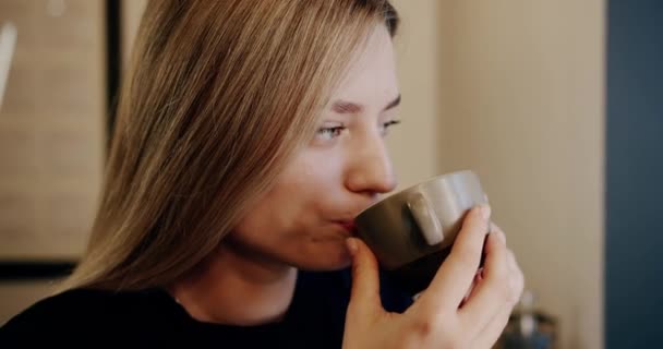 Γυναίκα Freelancer Ανάδευση Καφέ Στο Καφέ Στιλάτο Πλάνο Της Νεαρής — Αρχείο Βίντεο