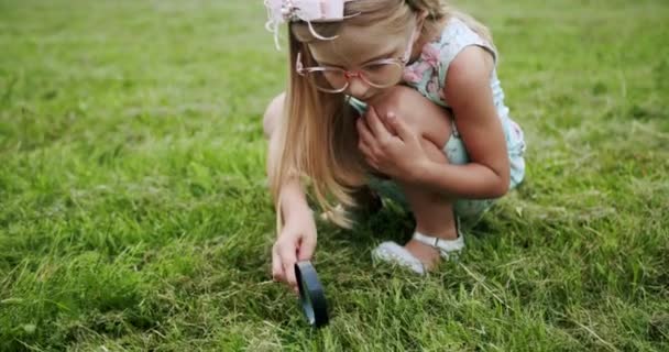 自然界に虫眼鏡をかけたかわいい好奇心旺盛な女の子 低角ハンドヘルドショットの小さいですブロンド女の子で大きな眼鏡で探索バグ上の指見ますを通して大きな虫眼鏡で夏公園 — ストック動画