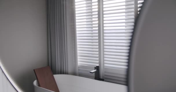 Luxury Bathroom Interior Minimalist Interior White Colors Bathroom Accessories Mirror — Stock Video
