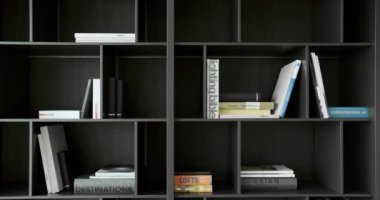 Kitaplı siyah ahşap kitaplık, modern çatı katı güzelliği minimalist dairesi. Modern tasarım. Güzellik minimalisti, İtalyan tasarımı, ahşap.