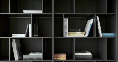 Black wooden bookshelf with books, modern penthouse beauty minimalist apartment. modern design interior. beauty minimalist, italian design, wood.