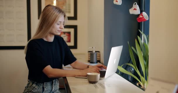Kvinna Som Jobbar Med Nätbok Caféet Koncentrerad Ung Kvinnlig Frilansare — Stockvideo