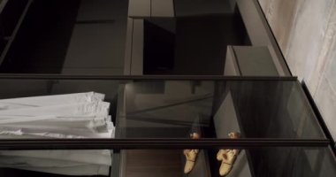 Black wardrobe with classic shirt , Luxury Bedroom With Walk In Closet. Dressing room with things. Elegant Wooden Built Walk In Closet Decoration. Luxury Dressing Room With Closet. Vertical video.