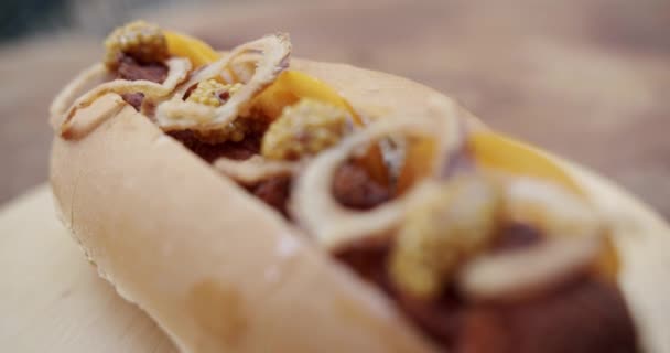 Appetizing Steaming Hot Dog Homemade Grilled Hot Dogs Buns Mustard — Vídeos de Stock