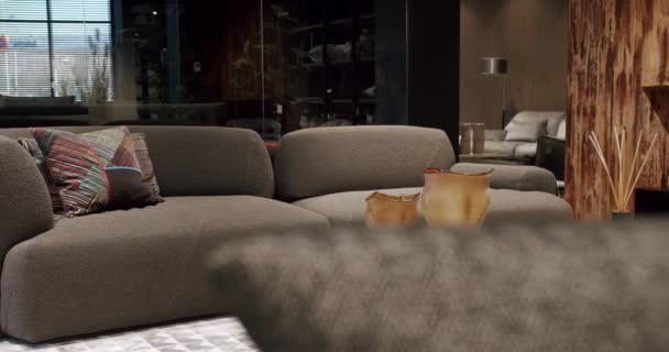 现代简约的客厅 灰色家具 时尚的家具 简约家庭内部 舒适的现代家具设计 奢华雅致的房间 房地产私人住宅 — 图库视频影像