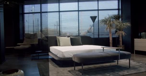 Elegantes Interieur Minimalistisches Schlafzimmer Elegantes Und Einfaches Schlafzimmer Mit Einem — Stockvideo